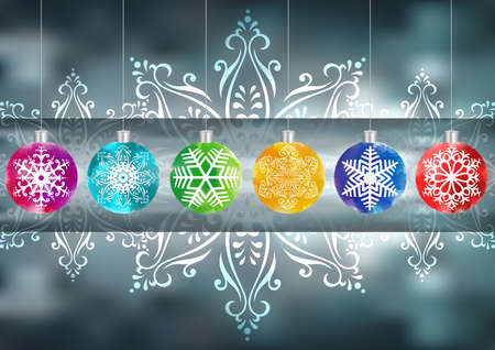 Illustration of colorful Christmas balls with snowflakes on fuzzy backgroundのイラスト素材