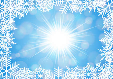 Illustration of Christmas background in white and blue colors with snowflakes in various stylesのイラスト素材