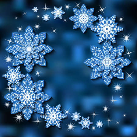 Illustration of Christmas background in white and blue colors with snowflakes in various stylesのイラスト素材