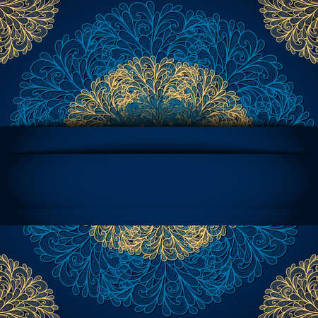 Illustration of card with banner, abstract lacy ornament in blue and yellow colorsのイラスト素材