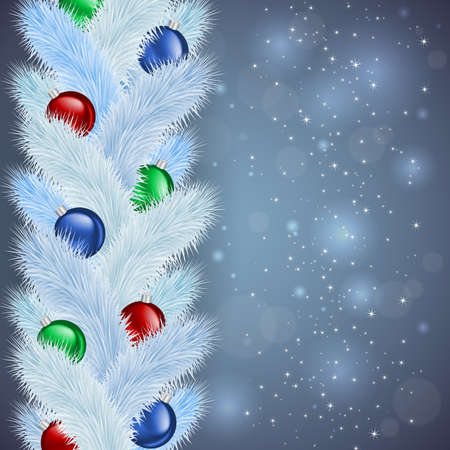 Illustration of white Christmas tree branches with colorful balls and bokeh backgroundのイラスト素材