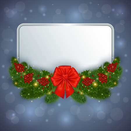 Illustration of Christmas card with fir tree branches, mistletoe and photorealistic bow on bokeh backgroundのイラスト素材