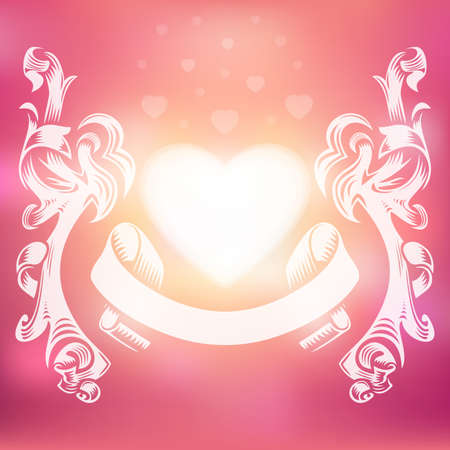 Illustration of valentines day card template with ribbon borders, banner, hearts and fuzzy backgroundのイラスト素材