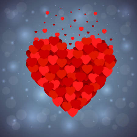 Illustration of valentines day heart made of small red and pink hearts on bokeh backgroundのイラスト素材