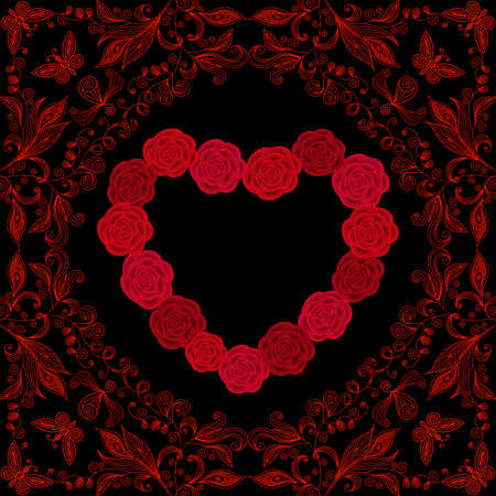 Illustration of valentines day card template with floral ornamental background and heart shaped frameのイラスト素材