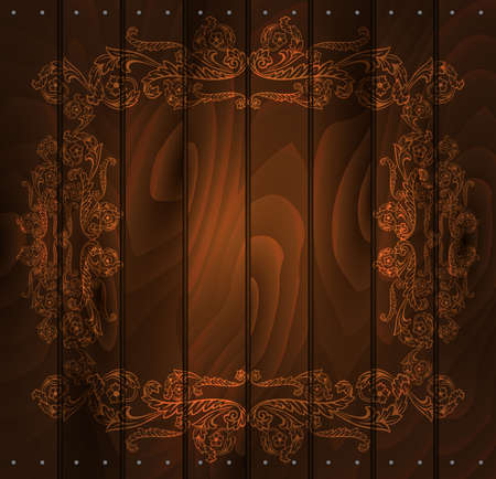 Illustration of floral frame on wood background with borders from nailsのイラスト素材