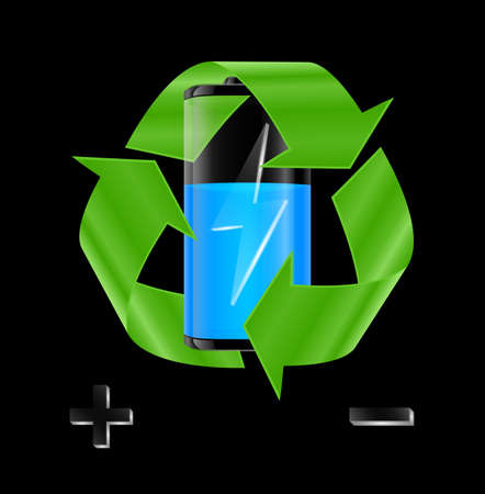 Illustration of transparent battery with blue charge indicator and recycle sign on black backgroundのイラスト素材
