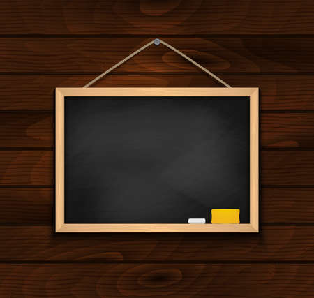 Illustration of blank black chalkboard with chalk and eraser on wood backgroundのイラスト素材