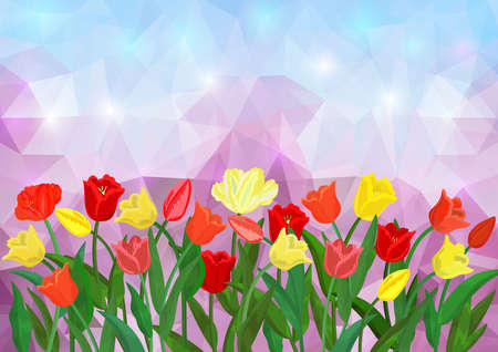 Illustration of colorful tulips border on triangle mosaic background in lilac and blue colorsのイラスト素材
