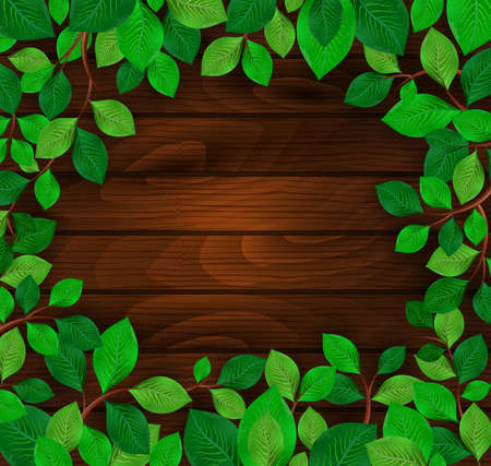 Illustration of green leaf frame on wood backgroundのイラスト素材