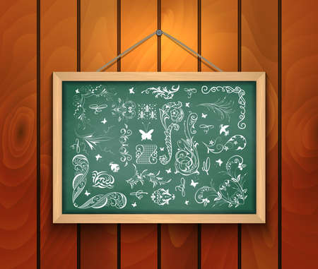 Illustration of chalkboard with floral ornaments and design elements on wooden backgroundのイラスト素材