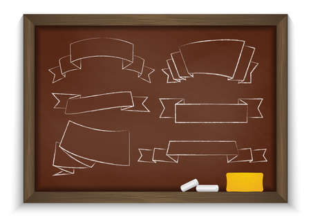 Illustration of chalkboard with chalk, eraser and chalked ribbonsのイラスト素材