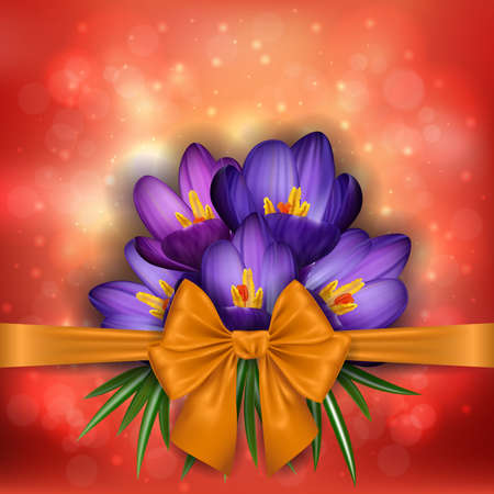Illustration of purple crocus flowers with golden bow and bokeh backgroundのイラスト素材