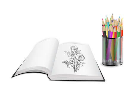 Illustration of open book with floral sketch and color pencils in holderのイラスト素材