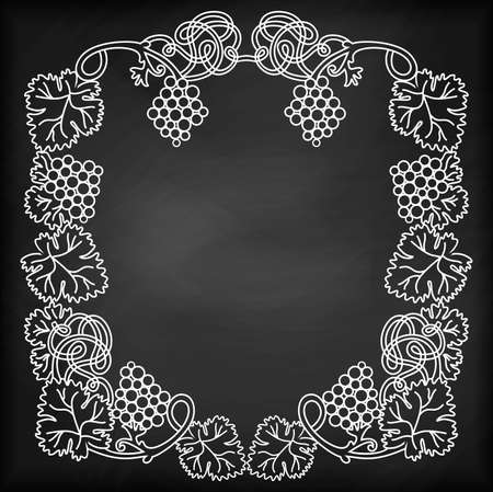 Illustration of chalkboard with abstract grapevine frame and bunches of grapesのイラスト素材