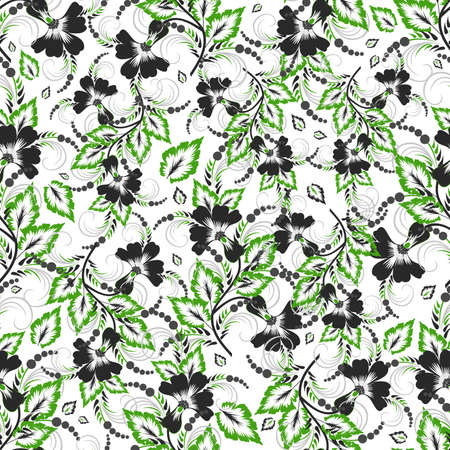 Illustration of seamless floral pattern in black, green and grey colors isolatedのイラスト素材
