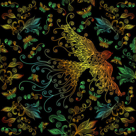 Illustration of seamless doodle pattern with abstract bird, butterflies and floral ornament in various colors on black backgroundのイラスト素材