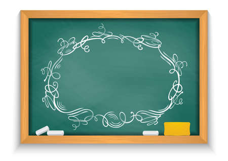 Illustration of dusty chalkboard with ornate frame, chalks and eraser isolatedのイラスト素材