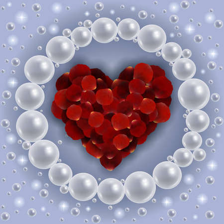 Illustration of template for wedding, greeting, invitation or valentines day card with red rose petal heart, shiny pearl frame and backgroundのイラスト素材