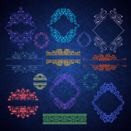 Illustration of design elements, ornate frames, dividers and borders on scratched texture backgroundのイラスト素材