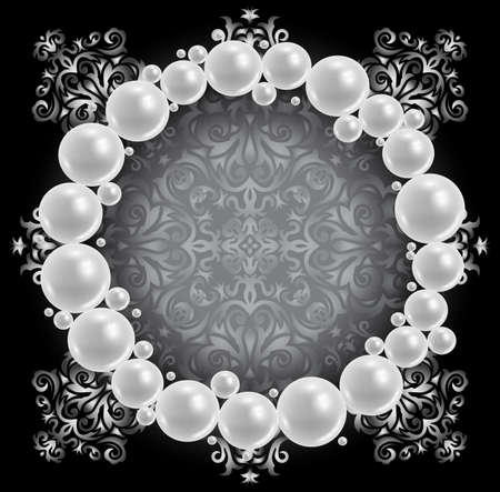 Illustration of template for greeting or invitation card with pearl frame and abstract silver ornament on black backgroundのイラスト素材
