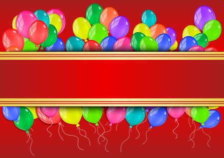 Illustration of banner with colorful glossy balloons on red backgroundのイラスト素材