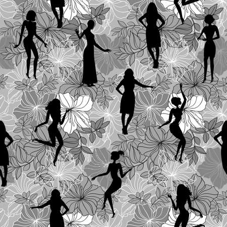 Illustration of seamless pattern with flowers and female silhouettes in black, grey and white colorsのイラスト素材