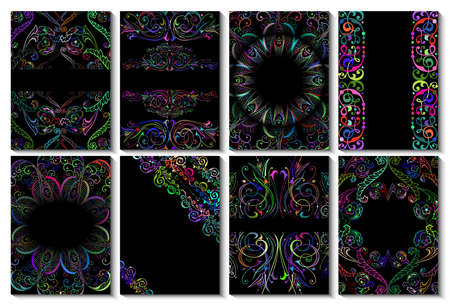 Illustration of flyer template collection with colorful ornament and black backgroundのイラスト素材