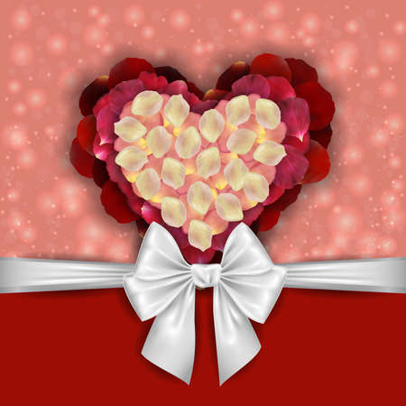 Illustration of rose petals in shape of hearts in various colors with bowのイラスト素材