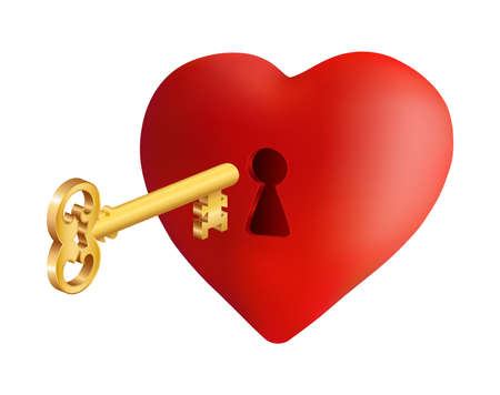 Illustration of heart with keyhole and golden key isolatedのイラスト素材