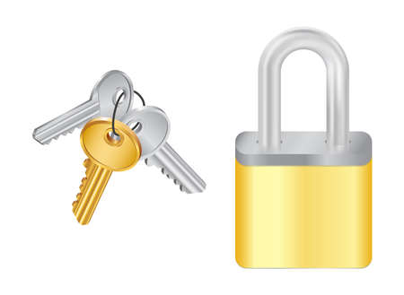 Illustration of key bunch and padlock in golden and silver colors isolatedのイラスト素材