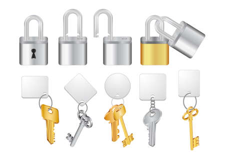 Illustration of open and closed padlocks with keys and keychains isolatedのイラスト素材