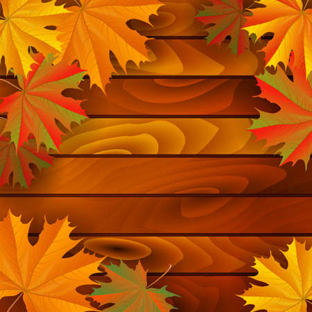 Illustration of colorful autumn maple leaves on wooden backgroundのイラスト素材
