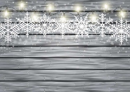 Illustration of Christmas lights and snowflakes on wooden backgroundのイラスト素材