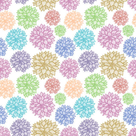 Illustration of seamless pattern with abstract doodle chrysanthemum flowers in various colors isolatedのイラスト素材