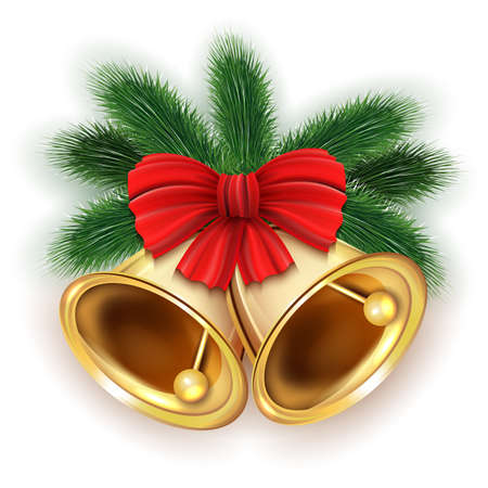 Illustration of Christmas bells with red bow and fir branches isolatedのイラスト素材