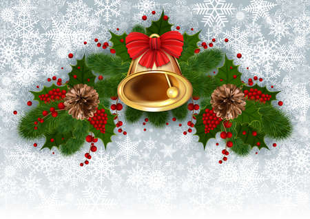 Illustration of Christmas decoration with bell, bow, fir tree branches, mistletoe, pinecones and snowflake backgroundのイラスト素材