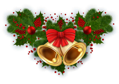 Illustration of Christmas decoration with bells, red bow, fir tree branches, mistletoe and balls isolatedのイラスト素材