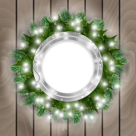 Illustration of Christmas decoration with round banner, fir tree branches, mistletoe, lights and wooden backgroundのイラスト素材