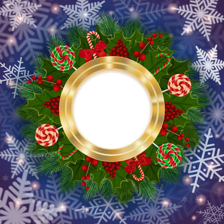 Illustration of Christmas decoration with round banner, fir tree branches, mistletoe, candy canes, lollipops and snowflake backgroundのイラスト素材