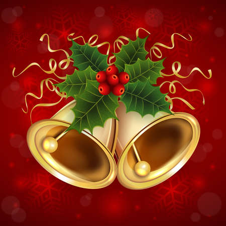 Illustration of Christmas bells with holly and paper steamers on red backgroundのイラスト素材