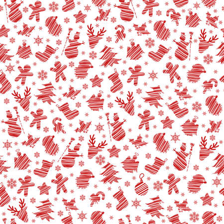 Illustration of seamless pattern with Christmas symbols in red color isolatedのイラスト素材