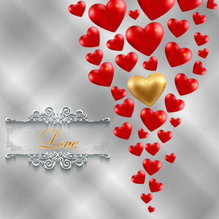 Illustration of valentines day card template with gold and red hearts, love lettering and ornamental bordersのイラスト素材