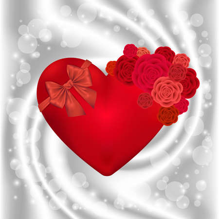 Illustration of valentines day card template with red heart, bow, roses and swirl backgroundのイラスト素材