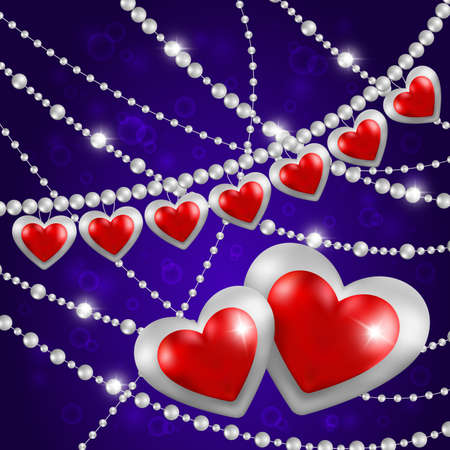 Illustration of valentines day card template with red and silver hearts and beadsのイラスト素材