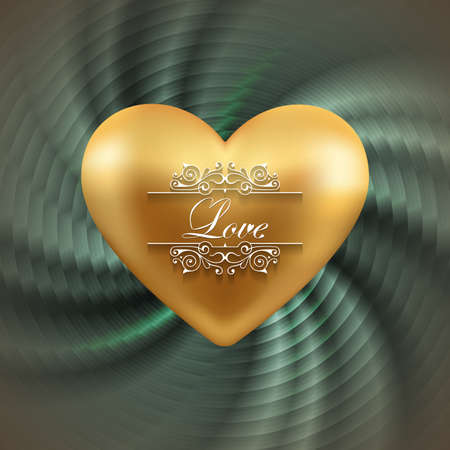 Illustration of valentines day card template with gold heart, love lettering, ornamental borders and striped swirl backgroundのイラスト素材