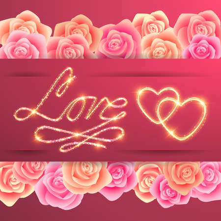 Illustration of valentines day card template with love lettering, gold hearts and rose bordersのイラスト素材