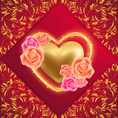Illustration of valentines day card template with gold heart, roses and floral ornamental backgroundのイラスト素材