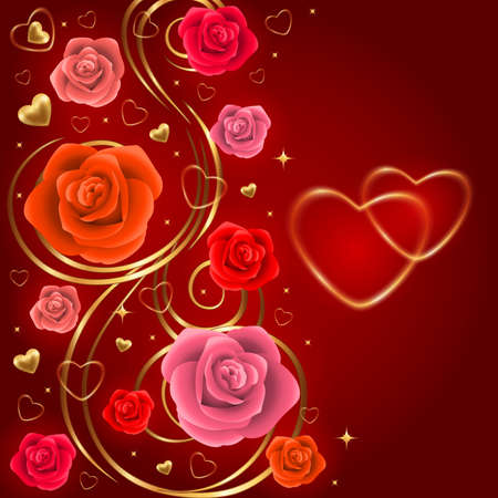 Illustration of valentines day card template with roses and gold heartsのイラスト素材