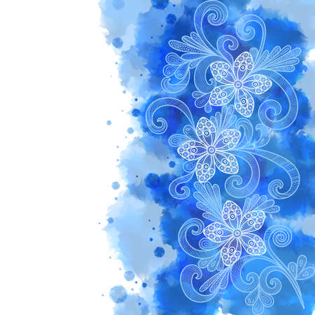 Illustration of floral doodles with watercolor splatters background in blue colorsのイラスト素材